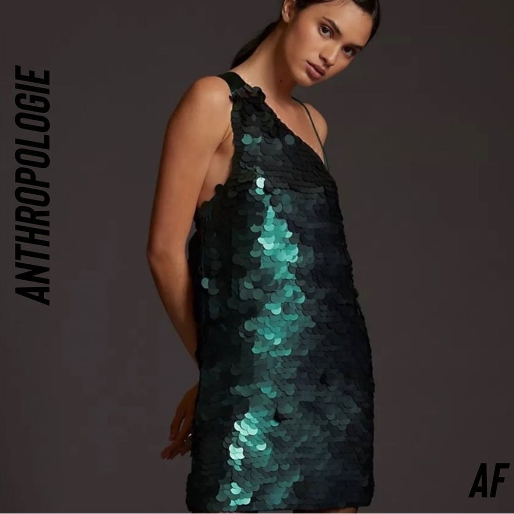 ANTHROPOLOGIE BY MAEVE ONE SHOULDER SEQUINED MINI DRESS EMERALD NEW LARGE - Picture 2 of 7